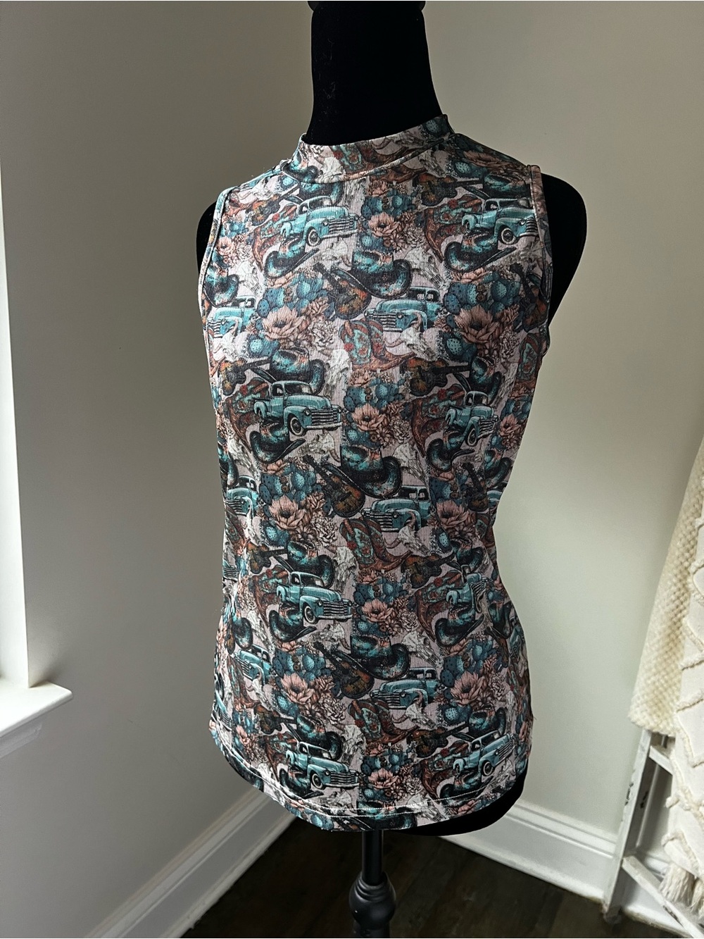 Rockin’ C Western Mesh Tank Turquoise Truck Cactus Print Sheer Cowgirl top M